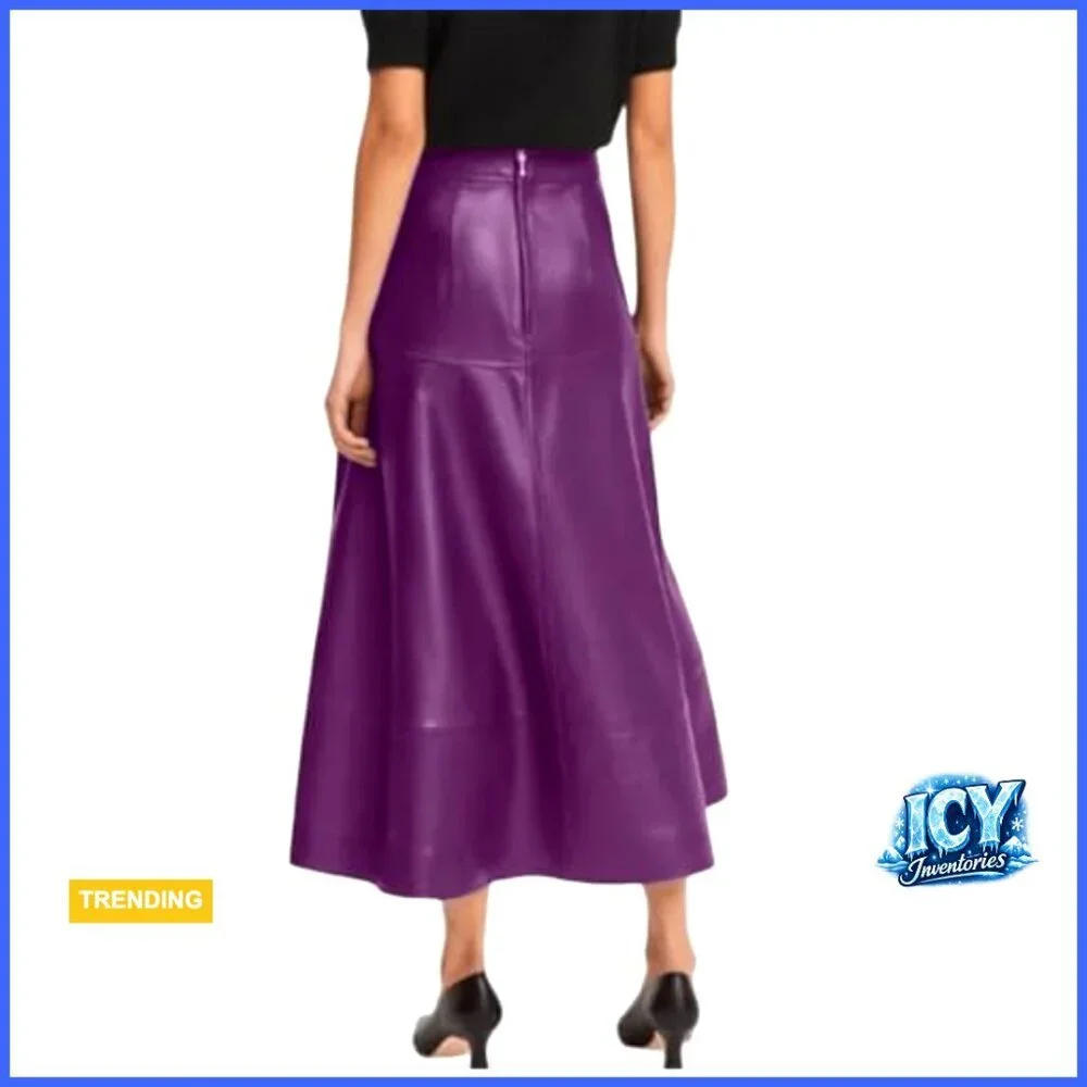 Genuine Leather A-Line Midi Skirt High Waist Patchwork Detail Women's